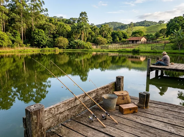 Lago de pesca tranquilo cercado por mata nativa e píer de madeira