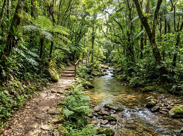 Trilha ecológica pela mata nativa com riacho de pedras e águas cristalinas
